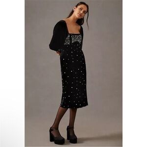 NEW Maeve Anthropologie size XL black velvet pearl embellished midi party dress